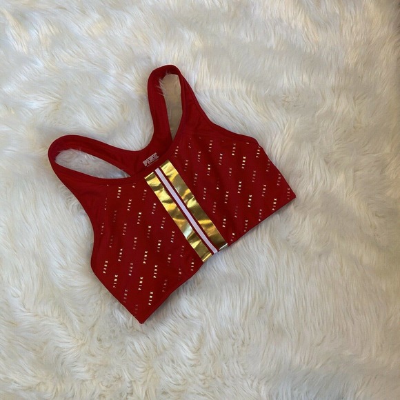PINK Victoria's Secret Other - PINK Victoria’s Secret Sports Bra Red Gold & White Stripes Logo Size Medium